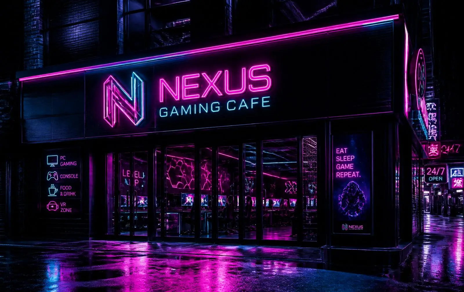 Nexus Gaming Cafe neon storefront at night in Ulwe, Navi Mumbai