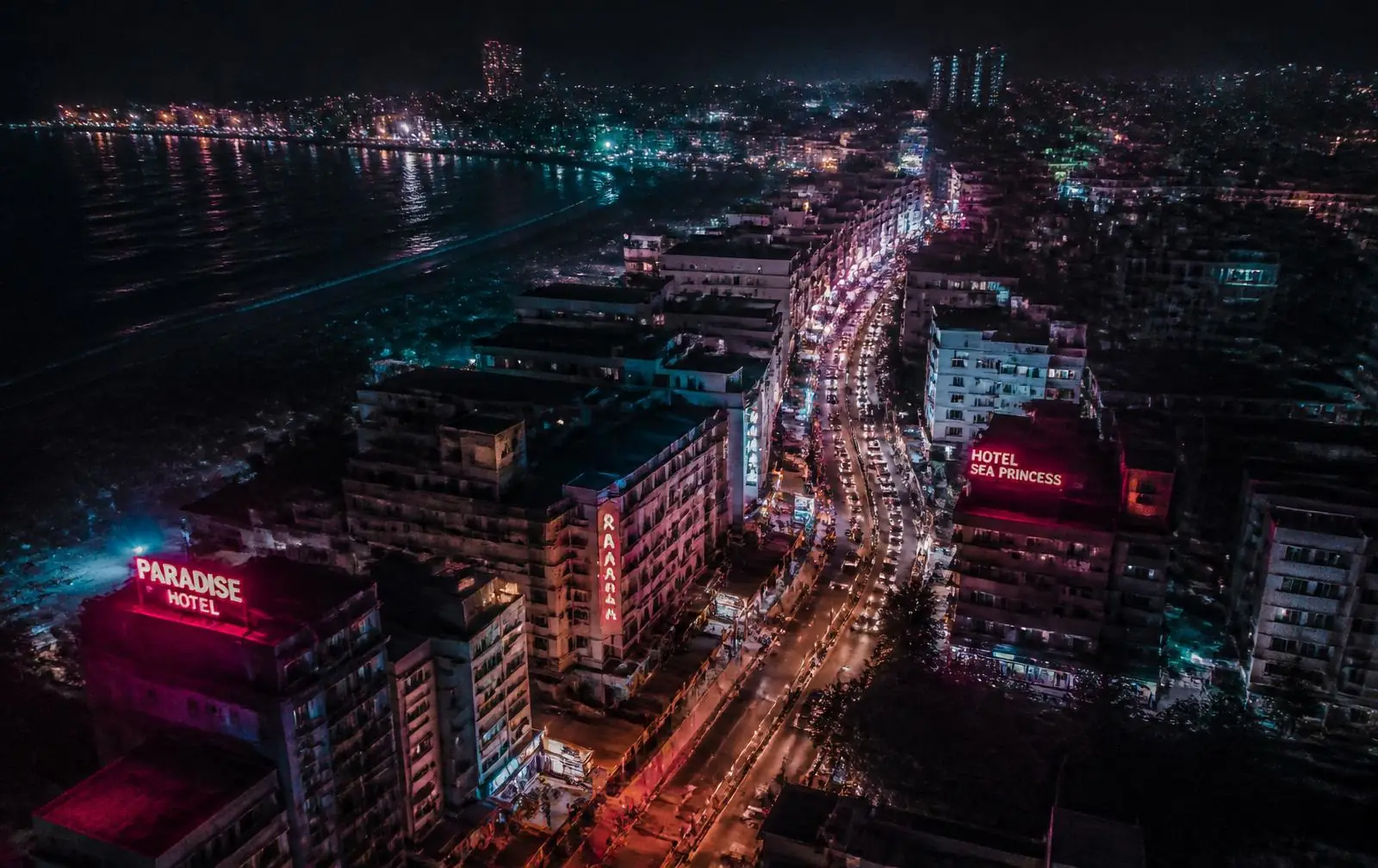 Aerial night view of the Navi Mumbai coastline near Nexus Gaming Cafe in Ulwe